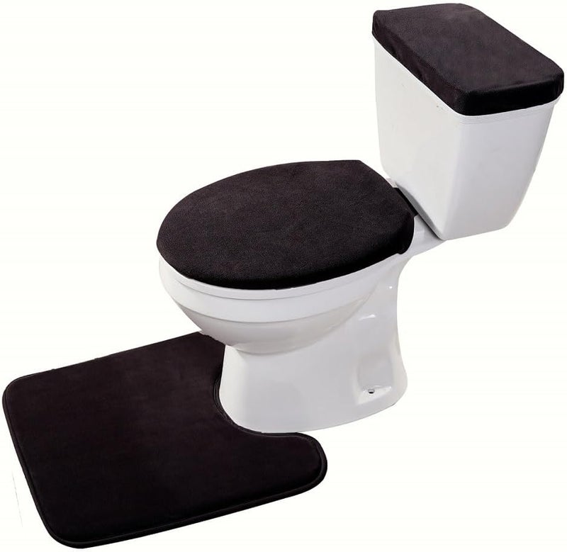 Madeals Velvet Toilet Lid Cover and Tank Lid Cover with Memory Foam Toilet Mat 3 Piece Toilet Contour Mat Set Black - Image 1